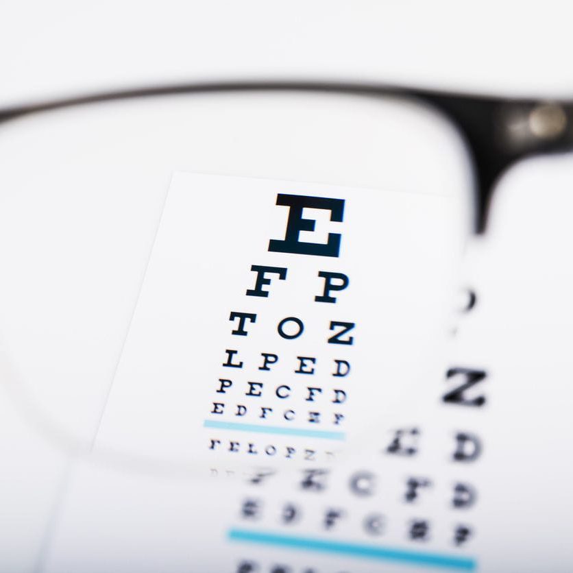 Eye chart viewed through eyeglasses lens.